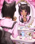  1girl 2000s_(style) animal_ear_fluff animal_ears applying_lipstick applying_makeup applying_own_makeup black_bow black_bowtie black_nails black_skirt blunt_bangs blush bob_cut bottle bow bowtie brown_hair cat_ears cat_girl cat_tail center_frills colored_inner_hair commentary commission cosmetics curtains dark-skinned_female dark_skin english_commentary faux_retro_artstyle frilled_shirt frills from_behind hair_ornament high-waist_skirt highres holding holding_lipstick_tube indie_virtual_youtuber jirai_kei lipstick_tube long_sleeves looking_at_mirror looking_at_reflection looking_at_self lotion_bottle lvlypop mirror multicolored_hair nail_polish_bottle parted_lips perfume_bottle pink_eyes pink_shirt pink_streaks shianebulae shirt short_hair skirt solo streaked_hair table tail two-tone_hair vanity_table virtual_youtuber watermark x_hair_ornament 