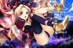  absurdres bangs blonde_hair blue_legwear breasts cape commentary_request ereshkigal_(fate/grand_order) falling fate/grand_order fate_(series) gold_trim hand_up high_heels highres jewelry long_hair looking_at_viewer open_mouth outdoors parted_bangs petals red_eyes single_thighhigh small_breasts sogawa solo teeth thighhighs thighs two_side_up very_long_hair 