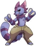  2_claws absurd_res alpha_channel ambiguous_gender anthro bottomwear brown_eyes claws clothing everything_is_crab felid feline fur hi_res mammal pants pantther purple_body purple_fur smug_grin solo standing stripes tongue tongue_out uluri whiskers yellow_sclera 