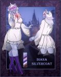  anthro blue_border border clothing colored_nails diana_silvercoat_(chrislshack1998) domestic_cat dress felid feline felis female fingernails footwear fur grey_body grey_fur hair hi_res high_heels looking_at_viewer lunar-haven-studios mammal maroon_background model_sheet nails purple_clothing purple_eyes purple_fingernails purple_footwear purple_high_heels purple_nails rear_view scottish_fold shoes solo standing tailless white_clothing white_dress white_hair 
