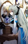  1girl aesc_(fate) aesc_(rain_witch)_(fate) aesc_(savior)_(fate) black_bow blonde_hair blue_eyes bow breasts fate/grand_order fate_(series) hair_bow highres large_breasts long_hair looking_at_viewer ma_ple mirror morgan_le_fay_(fate) white_hair 