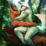  5_fingers angiewolf anthro black_nose blurred_background breasts brown_nose canine day detailed_background dog duo female fox fur green_eyes male mammal nude orange_fur outside red_eyes sitting smile under_boob white_fur 