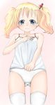  alice_cartelet blonde_hair blue_eyes camisole covering covering_breasts highres k-rosse kin-iro_mosaic long_hair panties shirt shirt_tug solo tears thighhighs underwear underwear_only white_legwear white_panties white_shirt 