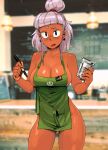  1girl apron blurry blurry_background breasts cafe collarbone commentary cup earrings english_commentary green_apron highres holding holding_cup holding_marker indoors jewelry large_breasts leiana_(tyto_alba) looking_at_viewer marker naked_apron no_bra no_panties open_mouth original photo_background solo standing teeth tyto_alba upper_teeth_only white_hair 