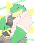  anthro belt clothed clothing eyes_closed grandall_(artist) lizard male muscular reptile scalie simple_background solo teeth 