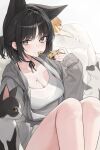 1girl absurdres animal animal_ears black_eyes black_hair black_ribbon blush breasts cat cat_ears cat_girl cleavage collarbone eating food_on_body food_on_breasts grey_jacket highres jacket large_breasts looking_at_viewer mokew mouth_hold neck_ribbon original ribbon short_hair sitting solo tank_top thighs white_tank_top 