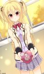  absurdres arihara_nanami artist_name black_scrunchie blonde_hair blush bow bowtie box cafe_stella_to_shinigami_no_chou cardigan cardigan_under_jacket character_print closed_mouth collared_shirt commentary_request company_connection cowboy_shot dated dutch_angle eyes_visible_through_hair gift grey_skirt hair_between_eyes hair_ornament hair_scrunchie heart-shaped_box highres hitomi13 holding holding_gift incoming_gift indoors jacket kikka_academy_school_uniform light_particles long_hair long_sleeves miniskirt open_clothes open_jacket outstretched_arms pink_hair plaid_clothes plaid_skirt pleated_skirt pov purple_cardigan red_bow red_bowtie red_eyes riddle_joker school_uniform scrunchie shioyama_suzune shirt sidelocks skirt sky smile sunset two_side_up valentine very_long_hair white_shirt window yellow_jacket yellow_sky yuzusoft 