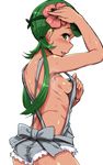  absurdres armpits ass blush breasts cutoffs dark_skin flower green_eyes green_hair hair_flower hair_ornament harigane_shinshi highres long_hair looking_at_viewer mao_(pokemon) naked_overalls nipples overalls pokemon pokemon_(game) pokemon_sm profile simple_background small_breasts solo 