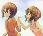  bad_id bad_pixiv_id bangs closed_eyes closed_mouth collarbone esgkjj eyebrows_visible_through_hair facing_another girls_und_panzer holding_hands interlocked_fingers long_sleeves looking_at_another looking_back multiple_girls nishizumi_maho nishizumi_miho open_mouth orange_shirt pink_shirt shirt short_hair siblings sisters smile standing tank_top upper_body younger 