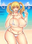  1girl blonde_hair blush breasts brown_eyes cleavage erect_nipples headphones huge_breasts looking_at_viewer micro_bikini navel nitroplus open_mouth plump solo standing super_pochaco swimsuit thick_thighs twintails v 