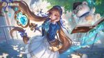  3girls bag blue_bow blue_eyes blue_jacket blue_ribbon book bow bowtie brown_hair chinese_text commentary_request daqiao_(wangzhe_rongyao) equation floating floating_book floating_object hair_ribbon highres holding holding_staff jacket leaf logo long_hair long_sleeves looking_at_viewer multiple_girls official_alternate_costume official_art ribbon school_uniform shoulder_bag skirt smile solo_focus staff stairs stuffed_animal stuffed_toy teddy_bear twintails very_long_hair wangzhe_rongyao white_skirt 