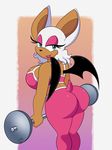  bat big_breasts big_butt breasts butt butt_pose exercise female huge_breasts looking_back mammal omegasunburst rouge_the_bat simple_background sonic_(series) weightlifting wings workout 