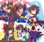  2girls animal_ears ascot bead_bracelet beads blue_hair blue_shirt bodice bow bracelet braid breasts brown_hair casual choker closed_eyes closed_mouth commentary_request corset cropped_jacket cup daiichi_ruby_(brilliant_red_gemstone)_(umamusume) daiichi_ruby_(casual)_(umamusume) daiichi_ruby_(umamusume) daitaku_helios_(casual)_(umamusume) daitaku_helios_(fun_fun_party_night)_(umamusume) daitaku_helios_(umamusume) dress drill_hair drill_sidelocks ear_covers ear_flower facial_tattoo fang four-finger_heart_hands garter_straps grey_shirt hair_bow hair_ornament hairclip heart heart_hands highres holding holding_cup horse_ears horse_girl horse_tail jacket jewelry juliet_sleeves long_hair long_sleeves midriff_peek multicolored_hair multiple_girls navel necklace open_mouth overskirt pendant_choker plus_ta puffy_sleeves purple_choker purple_dress purple_eyes purple_garter_straps purple_thighhighs red_corset red_shorts saucer shirt shirt_under_shirt shorts side_drill side_ponytail sidelocks skin_fang smile star_(symbol) star_hair_ornament starting_future_(umamusume) steaming_cup streaked_hair tail tattoo teacup thighhighs tied_shirt twin_drills umamusume white_jacket white_shirt wristband yellow_eyes 