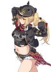  1girl absurdres arms_up black_jacket black_shirt black_shorts blonde_hair breasts combat_helmet commentary crop_top cropped_jacket from_side helmet highres holding_own_hair jacket long_hair luciana_de_montefio medium_breasts midriff navel open_clothes open_jacket pickelhaube pinepin print_shirt red_eyes shirt short_shorts shorts side_ponytail simple_background solo stomach torn_clothes torn_shirt white_background zenless_zone_zero 