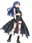  1girl absurdres asymmetrical_gloves blue_hair boots brown_eyes closed_mouth commentary_request commission floating_hair full_body gloves grey_boots gun handgun highres holding holding_gun holding_weapon idolmaster idolmaster_(classic) idolmaster_million_live! idolmaster_million_live!_theater_days kisaragi_chihaya light_frown long_hair midriff milliani navel official_alternate_costume overskirt pixiv_commission simple_background sleeveless solo standing uneven_gloves variant_set weapon white_background 