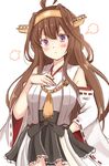  :t absurdres ahoge bare_shoulders black_skirt brown_hair detached_sleeves double_bun hair_between_eyes hairband hand_on_own_chest headgear highres japanese_clothes kantai_collection kongou_(kantai_collection) long_hair nontraditional_miko pleated_skirt pout purple_eyes ribbon-trimmed_sleeves ribbon_trim shibakame simple_background skirt solo v-shaped_eyebrows white_background wide_sleeves 