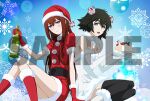  2girls :d anime_coloring artist_request black_hair blue_background blue_eyes blush boots bottle breasts brown_hair cake champagne_bottle christmas christmas_cake cleavage detached_sleeves dress food fur-trimmed_dress fur_trim gloves green_eyes hair_ornament hat holding holding_bottle knees_up long_hair looking_at_viewer lowres makise_kurisu medium_breasts metal_upa multiple_girls official_art open_mouth red_gloves sample_watermark santa_costume santa_hat science_adventure shiina_mayuri short_hair short_sleeves sidelocks sitting smile snowflake_background snowflakes steins;gate thighhighs watermark yokozuwari 