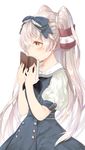  alternate_costume amatsukaze_(kantai_collection) blue_dress blue_ribbon book buttons dress hair_ribbon highres holding holding_book kantai_collection long_hair mao_ge puffy_short_sleeves puffy_sleeves ribbon short_sleeves silver_hair simple_background solo two_side_up white_background windsock yellow_eyes 
