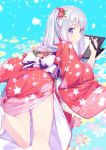  1girl azumi_akitake blue_background blue_eyes blush closed_mouth drawing_tablet eromanga_sensei feet_out_of_frame floral_print flower furisode hair_flower hair_ornament holding holding_pen izumi_sagiri japanese_clothes kimono legs long_hair looking_back lying obi on_floor on_stomach one_side_up pen red_kimono sash silver_hair socks solo thighs wide_sleeves 