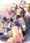  blonde_hair blue_hair computer cup highres laptop meta mug multiple_boys reikenzan:_hoshikuzu-tachi_no_utage sitting watching zhuhua44 