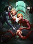  3girls areolae arms_up artist_name bangs biting blonde_hair blunt_bangs bodysuit bound bound_legs breast_grab breast_sucking carnage_(marvel) freckles grabbing gwen_stacy long_hair looking_at_viewer marvel multiple_girls nipple_biting nipples open_mouth orange_hair pubic_hair pussy pussy_juice recording signature spider-gwen tarakanovich tentacles torn_bodysuit torn_clothes vaginal venom_(marvel) yuri 