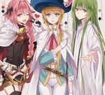  2boys androgynous astolfo_(fate) black_legwear blonde_hair blue_eyes blush braid cape chevalier_d'eon_(fate/grand_order) enkidu_(fate/strange_fake) fang fate/apocrypha fate/grand_order fate/strange_fake fate_(series) garter_straps green_eyes green_hair hair_ribbon hat jewelry long_hair looking_at_viewer multiple_boys necklace noka_(blackheart1118) open_mouth otoko_no_ko pink_hair ponytail purple_eyes ribbon robe single_braid smile thighhighs trait_connection 