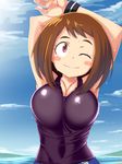  ;) armpits arms_up bare_shoulders blue_sky blush_stickers boku_no_hero_academia breasts brown_hair cleavage closed_mouth cloud covered_navel day large_breasts looking_at_viewer ocean one_eye_closed outdoors pants purple_eyes short_hair sky smile solo stretch sweat tamezou tank_top track_pants upper_body uraraka_ochako wristband 
