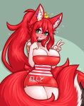  1girl @_@ animal_ears arm_tattoo blush braid breasts cleavage collar dress elly_(vtuber) green_background green_eyes hair_between_eyes highres indie_virtual_youtuber large_breasts limebreaker long_hair ponytail red_dress red_hair short_dress solo spiked_collar spikes striped_clothes striped_dress sweat tail tattoo tenga thighs tight_clothes tight_dress v virtual_youtuber 