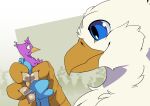 absurd_res ashley-arctic-fox avian avian_feet beak bird blue_body der feathered_crest feathered_wings feathers feral galliform grabbing green_eyes gryphon gyro_feather head_crest hi_res male micro mythological_avian mythological_creature mythology paws peafowl phasianid pink_body quadruped size_difference tail tail_tuft tuft wings