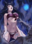  1boy 1girl ahri alternate_eye_color animal_ears bare_arms bare_legs bare_shoulders black_hair blue_eyes bra breasts commentary english_commentary facial_mark fangs fingernails fox_ears hand_on_own_leg kumiho large_breasts league_of_legends letdie1414 long_hair looking_up nail_polish navel open_mouth panties pink_nails red_bra red_panties screaming sitting sitting_on_person strapless strapless_bra torn_clothes underboob underwear 