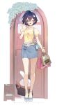  1girl absurdres alternate_costume artist_name bag bangboo_(zenless_zone_zero) belle_(zenless_zone_zero) black_hair blue_shoes blue_skirt camisole commentary flower flower_necklace full_body green_eyes hair_between_eyes hair_ornament hairclip hand_up highres holding holding_bag looking_at_viewer meoreng_illust midriff one_eye_closed open_mouth shoes short_hair skirt solo standing white_background white_flower yellow_camisole zenless_zone_zero 