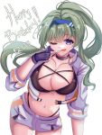  1girl absurdres birthday breasts choker commentary_request green_hair h_ans_(hmn_anz) hairband happy_birthday heaven_burns_red highres jacket large_breasts long_hair mole mole_under_eye mole_under_mouth murofushi_risa murofushi_risa_(smiley_infiltration) navel one_eye_closed open_clothes open_jacket ponytail shorts simple_background stomach white_background 