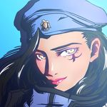  ana_(overwatch) beret black_hair blue_background brown_eyes captain_amari close-up closed_mouth commentary dark_skin face facial_tattoo hat lipstick looking_at_viewer makeup overwatch portrait red_lipstick sijia_wang simple_background solo tattoo younger 