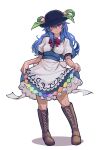  1girl black_hat blue_hair boots bow bowtie brown_boots commentary_request frilled_skirt frills hat highres hinanawi_tenshi holding_own_skirt kaden_(muxt8423) knee_boots lace-up_boots long_hair looking_at_viewer peach_hat_ornament puffy_short_sleeves puffy_sleeves red_bow red_bowtie red_eyes short_sleeves simple_background skirt solo touhou white_background 