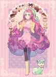  1girl animal aqua_eyes aqua_fur belt black_pantyhose blueberry boots cake cake_slice candy cheesecake chocolate chocolate-covered_food chocolate_cake chocolate_strawberry commentary commission cookie creature cropped_jacket cupcake dav-19 dessert donut dress english_commentary food frilled_dress frills fruit full_body green_belt green_hair hair_ribbon heart heart-shaped_chocolate heart-shaped_food highres holding holding_food horns jacket long_hair looking_at_viewer macaron multicolored_hair open_clothes open_jacket original pantyhose pink_dress pink_eyes pink_hair ponytail ribbon smile solo standing strawberry_shortcake sweets swiss_roll tart_(food) two-tone_hair very_long_hair yellow_boots yellow_jacket yellow_ribbon yume_kawaii 