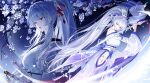  1girl absurdres bare_shoulders blue_hakama colored_eyelashes flower hakama hakama_skirt hannhi_1005 high_ponytail highres hiyuki_(wuthering_waves) holding holding_sword holding_weapon japanese_clothes katana kimono long_hair long_sidelocks miko off_shoulder ponytail purple_eyes red_eyes sidelocks skirt solo sword tacet_mark_(wuthering_waves) weapon white_eyelashes white_hair white_kimono wuthering_waves 