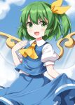  1girl ascot blue_skirt blue_sky blue_vest blush breasts cloud collared_shirt commentary_request daiyousei day fairy_wings green_eyes green_hair hair_ribbon highres holding_own_skirt looking_at_viewer medium_hair one_side_up open_mouth puffy_short_sleeves puffy_sleeves ribbon ruu_(tksymkw) shirt short_sleeves skirt skirt_set sky small_breasts smile solo touhou vest white_shirt wings yellow_ascot yellow_ribbon 