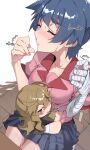  2girls bandaged_arm bandages black_hair black_shirt blonde_hair blush brown_eyes chair closed_eyes commentary_request hair_between_eyes highres kanbaru_suruga long_hair mini_person monogatari_(series) multiple_girls numachi_rouka parted_lips pink_shirt shirt short_hair short_sleeves sitting sitting_on_lap sitting_on_person sweat thomas_(aoakumasan) translation_request trembling 
