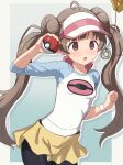  1girl :o ? @_@ absurdres ahoge black_pantyhose blue_sleeves blush breasts brown_eyes brown_hair coin coin_on_string commentary_request cosplay cowboy_shot donut_hair_bun double_bun drop_shadow gradient_background hair_bun hakozaki_serika hand_up highres holding holding_poke_ball hypno hypnosis idolmaster idolmaster_million_live! large_variant_set long_hair milliani mind_control open_mouth out_of_frame pantyhose poke_ball poke_ball_(basic) pokemon raglan_sleeves rosa_(pokemon) rosa_(pokemon)_(cosplay) shirt short_shorts shorts small_breasts smile solo_focus standing twintails variant_set visor_cap white_shirt wristband yellow_shorts 