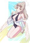  1girl :d black_one-piece_swimsuit blue_archive blush breasts brown-tinted_eyewear brown_hair brown_sandals collarbone commentary_request cup earrings eyewear_on_head feathered_wings full_body highres holding holding_cup jewelry large_breasts long_hair looking_at_viewer low_wings mosuroshyu nagisa_(blue_archive) nagisa_(swimsuit)_(blue_archive) official_alternate_costume one-piece_swimsuit open_mouth parted_bangs ponytail sandals sitting smile solo sunglasses swimsuit teacup tinted_eyewear wings yellow_eyes yellow_wings 