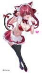  1girl :d animal_ears apron bikini black_shoes black_thighhighs bow bowtie breasts cat_ears cat_tail colored_shoe_soles commentary_request fang frilled_apron frilled_skirt frills full_body hair_ribbon heterochromia highres hololive houshou_marine inari_(ambercrown) large_breasts looking_at_viewer maid maid_bikini maid_headdress miniskirt navel paw_pose red_bikini red_bow red_bowtie red_hair red_ribbon red_skirt ribbon shoes skin_fang skirt smile solo stomach swimsuit tail tail_bow tail_ornament thighhighs twintails unconventional_maid virtual_youtuber waist_apron wrist_cuffs yellow_eyes 