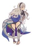  armor ass barefoot black_panties blush cape commentary_request dragon_girl dragon_tail female_my_unit_(fire_emblem_if) fire_emblem fire_emblem_heroes fire_emblem_if gloves hairband hiyori_(rindou66) long_hair looking_at_viewer my_unit_(fire_emblem_if) panties pointy_ears red_eyes soles solo tail toeless_legwear underwear white_hair 