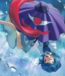  1girl ;p absurdres blue_hair blue_skirt blue_sky blue_vest blush brown_sandals cloud commentary day geta highres holding holding_umbrella juliet_sleeves kaigen_1025 karakasa_obake long_sleeves looking_at_viewer one_eye_closed outdoors puffy_sleeves purple_umbrella red_eyes sandals short_hair skirt sky smile solo tatara_kogasa tongue tongue_out touhou umbrella vest water_drop 