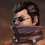  auron brown_background brown_eyes brown_hair coat commentary_request facial_hair final_fantasy final_fantasy_x gradient gradient_background looking_afar looking_away male_focus nose sakunohi_no_moon silver-framed_eyewear solo spiked_hair stubble sunglasses thick_eyebrows upper_body 