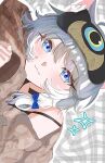  1girl :3 animal_ears blue_eyes brown_sweater cat_ears cipher_(honkai:_star_rail) cipher_(sweet_slumber)_(honkai:_star_rail) commentary_request grey_hair hi_suix2 highres honkai:_star_rail honkai_(series) plaid_background sleep_mask smile sweater 