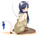  1girl absurdres animal_ear_hairband animal_ears archive_(user_ufsk2755) back blue_bow blue_hair blush bow brown_eyes brown_pantyhose brown_sweater cat_ear_hairband cat_ears cat_tail closed_mouth commentary_request fake_animal_ears full_body hairband highres idolmaster idolmaster_(classic) implied_object_insertion kisaragi_chihaya korean_commentary long_hair looking_back no_pants no_shoes pantyhose simple_background sitting solo sweater tail tail_bow tail_ornament turning_head wariza white_background 