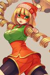  arms_(game) ass bangs beanie blonde_hair chinese_clothes food green_eyes hat highres looking_at_viewer mask megawatt_(arms) min_min_(arms) nashiki_nero noodles open_mouth short_hair solo 