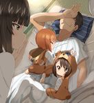  3girls alknasn arm_on_head barefoot bed_sheet black_hair boko_(girls_und_panzer) boko_(girls_und_panzer)_(cosplay) brown_hair cosplay covering_eyes covering_mouth family father_and_daughter futon girls_und_panzer husband_and_wife kigurumi mother_and_daughter multiple_girls nishizumi_maho nishizumi_miho nishizumi_shiho nishizumi_tsuneo pajamas pillow siblings sisters under_covers waking_another waking_up younger 