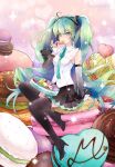  1girl ahoge aqua_eyes aqua_hair aqua_necktie aqua_ribbon aqua_trim black_skirt black_thighhighs blush breasts collared_shirt commentary_request detached_sleeves food food_in_mouth full_body hair_between_eyes hair_ornament hatsune_miku hatsune_miku_(nt) highres holding holding_food holding_macaron layered_sleeves long_hair long_sleeves looking_at_viewer macaron medium_breasts monyo0303 necktie official_alternate_costume piapro_studio pleated_skirt ribbon see-through_clothes see-through_sleeves shirt sitting skirt sleeveless sleeveless_shirt smile solo sparkle thighhighs twintails very_long_hair vocaloid white_shirt 