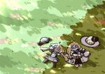  2girls :d aesc_(fate) aesc_(rain_witch)_(fate) ahoge artoria_caster_(fate) artoria_caster_(first_ascension)_(fate) artoria_pendragon_(fate) black_bow black_bowtie blonde_hair blue_eyes book boots bow bowtie braid brooch brown_boots brown_gloves chibi cloak commentary dappled_sunlight day fate/grand_order fate_(series) glasses gloves grass green_eyes grey_hat hat highres holding holding_book jewelry long_hair looking_at_viewer low-braided_long_hair low-tied_long_hair lying multiple_girls on_back on_ground open_book open_mouth outdoors outstretched_arm reaching reaching_towards_viewer robe round_eyewear shade shirt side-by-side skirt sleeveless sleeveless_shirt smile sunlight twintails umeyama_(ume22ke) unworn_hat unworn_headwear white_boots white_cloak white_hat white_robe white_shirt white_skirt wide_shot witch_hat 